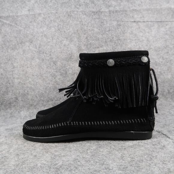 Minnetonka Shoes Womens 7.5 Bootie Moccasin Leather Hi Top Back Zip Fringe Black - Picture 4 of 13